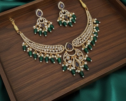 Royal Gold-Plated Kundan Choker Set with Amethyst Purple Accents & Emerald Green Beads