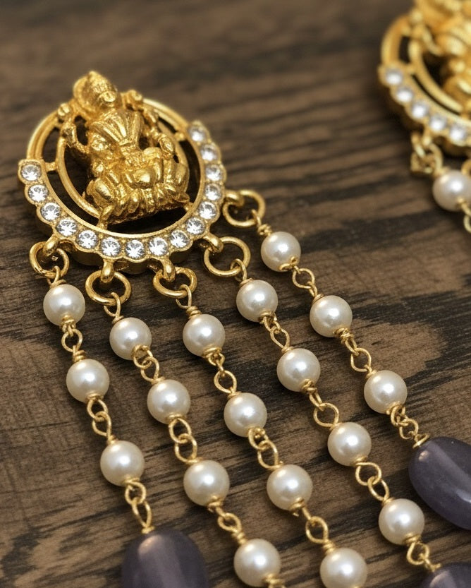 Gold-Plated Temple Jewelry Jhumka Earrings with Pearl Strands and Amethyst Beads