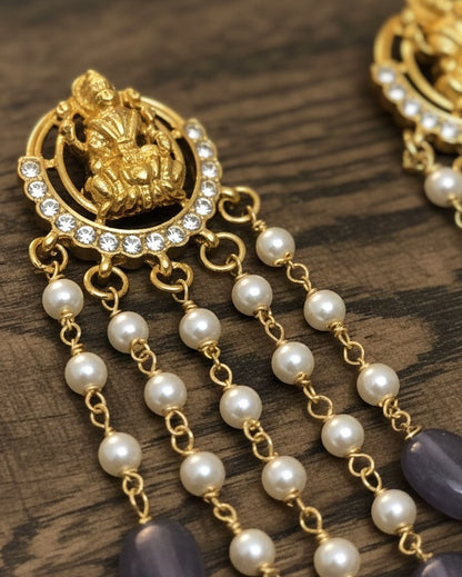 Gold-Plated Temple Jewelry Jhumka Earrings with Pearl Strands and Amethyst Beads