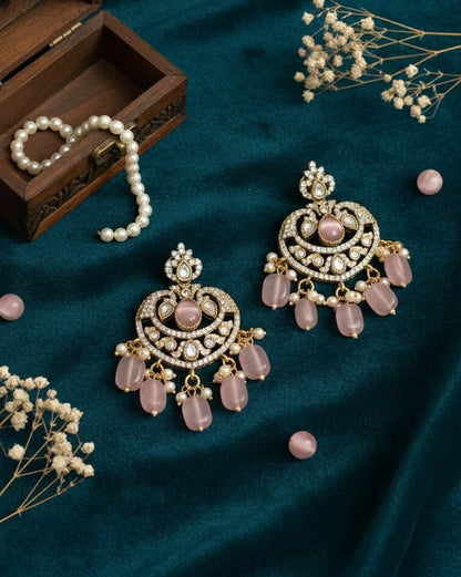 Victorian Rose Pink Chandbali Earrings with Antique Stone Work