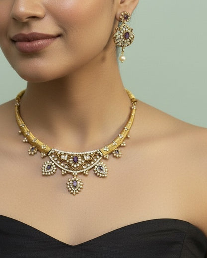 Gold-Plated Antique Filigree Choker Set with Royal Purple Stones &amp; Crystal Accents
