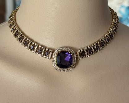 Elite Gold-Plated Cushion-Cut Sapphire royal purple Statement Choker & Earring Set
