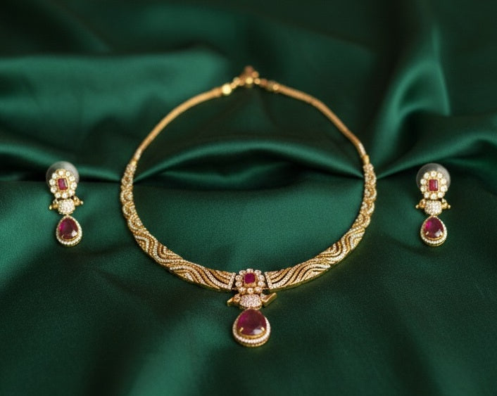 Gold-Plated Designer Wave Choker with Ruby Pink Teardrop Pendant & Matching Earrings