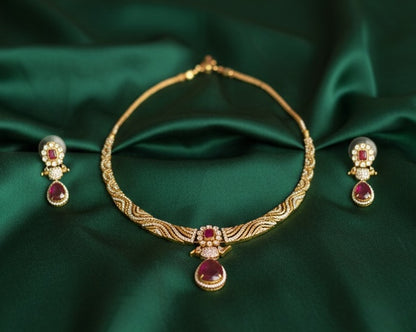 Gold-Plated Designer Wave Choker with Ruby Pink Teardrop Pendant & Matching Earrings