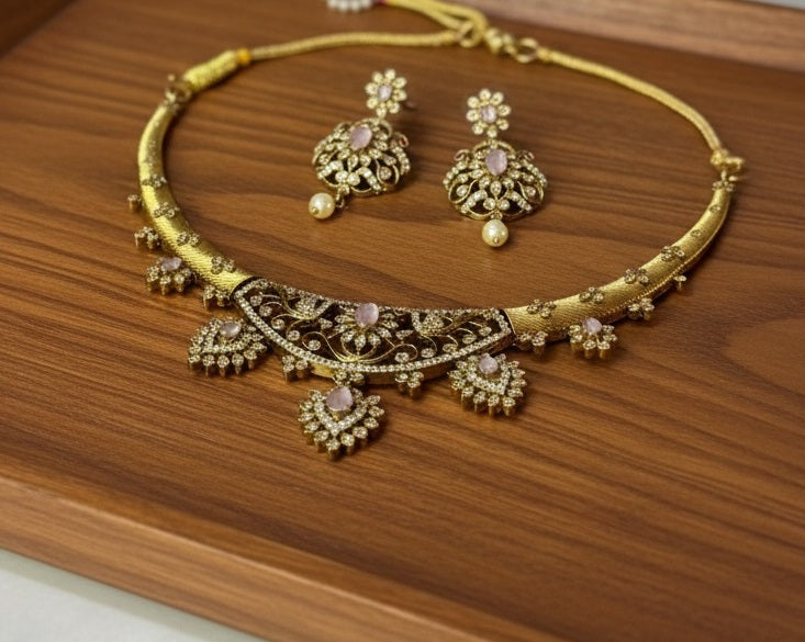 Gold-Plated Antique Filigree Choker Set with Rose Pink Stones & Crystal Accents
