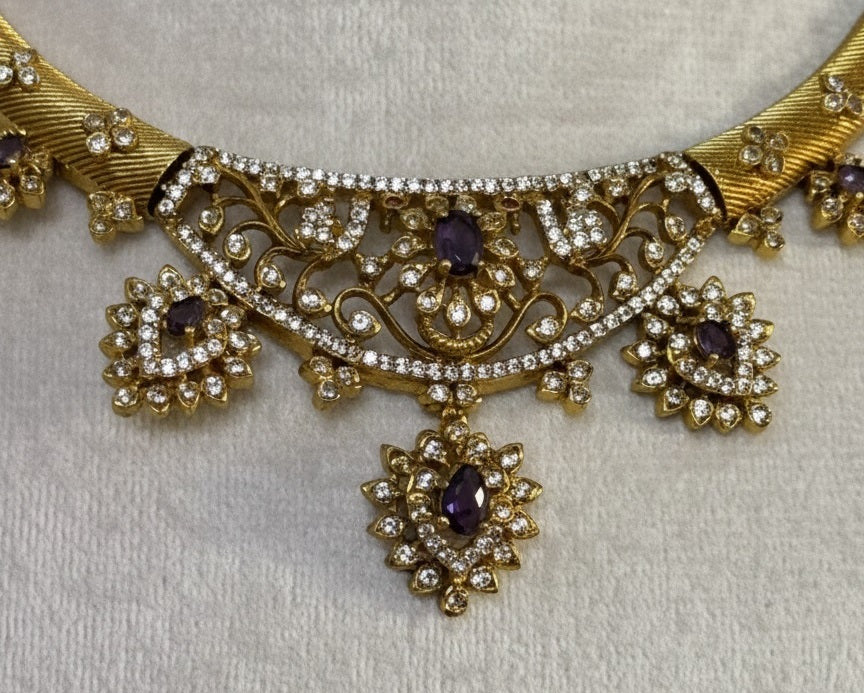 Gold-Plated Antique Filigree Choker Set with Royal Purple Stones &amp; Crystal Accents