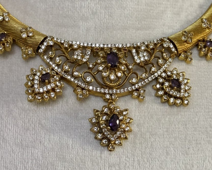 Gold-Plated Antique Filigree Choker Set with Royal Purple Stones &amp; Crystal Accents