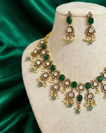 Ruby Red Monalisa & Polki Kundan Necklace Set with Mint Drops | Antique Gold Finish