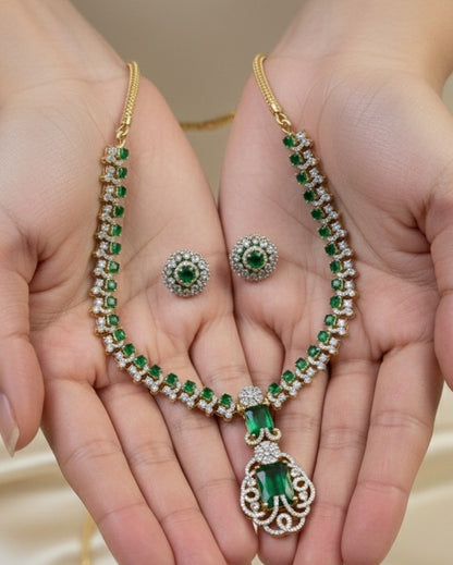 Elite Gold-Plated Long Link Necklace with Double Emerald Green Crystal Pendants