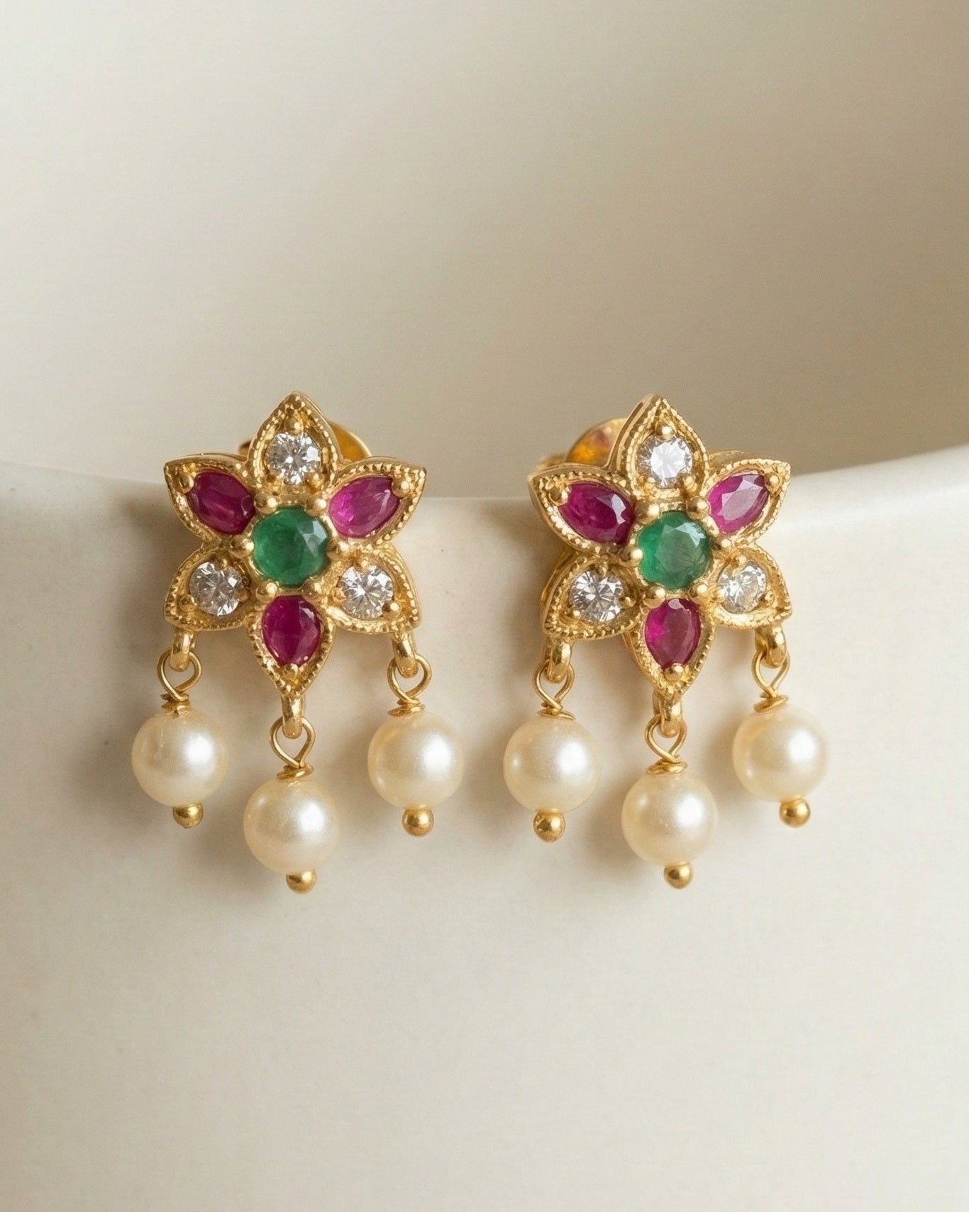 Gold Plated Ruby & Emerald Floral Pendant Necklace Set with Pearl Drops
