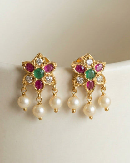 Gold Plated Ruby & Emerald Floral Pendant Necklace Set with Pearl Drops