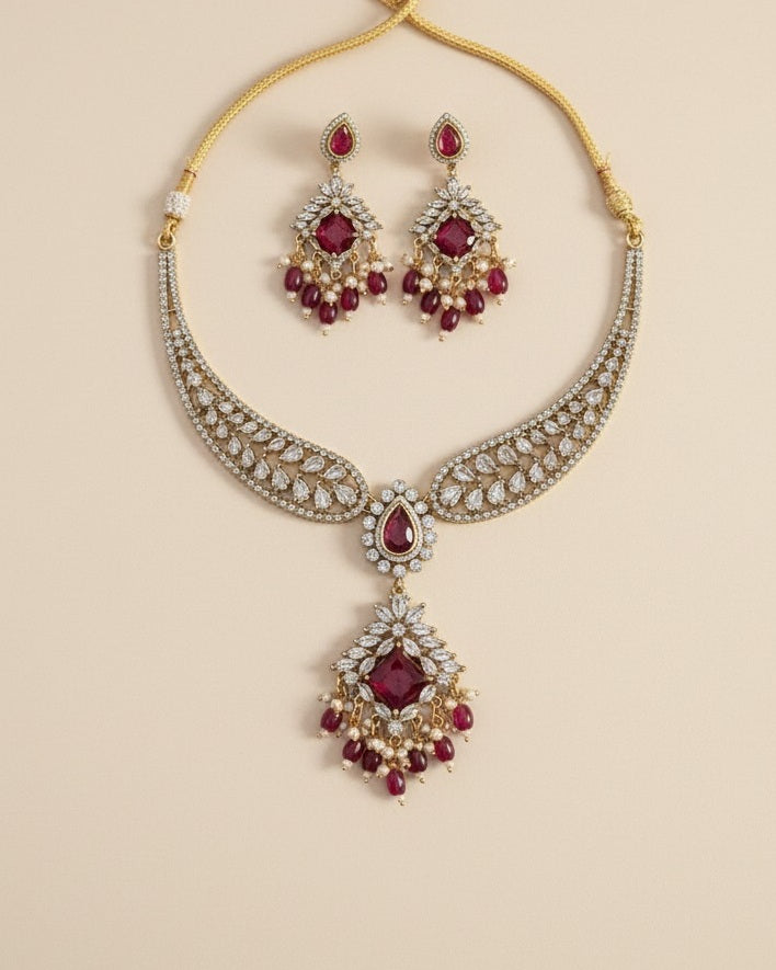 Royal Gold-Plated Teardrop Necklace Set with Ruby Red Centerpiece & Emerald Accents