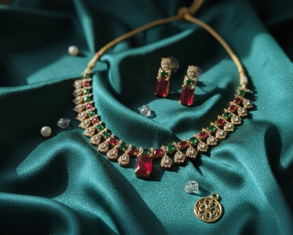Royal Antique Gold Choker Set with Emerald-Cut Ruby Pink & Kundan Accents