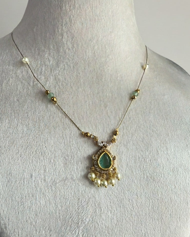 Mint Green Teardrop & Pearl Drop Invisible Necklace – Gold-Toned Floating Chain