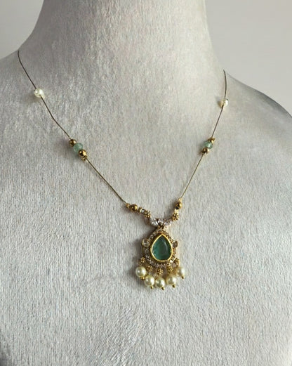 Mint Green Teardrop & Pearl Drop Invisible Necklace – Gold-Toned Floating Chain