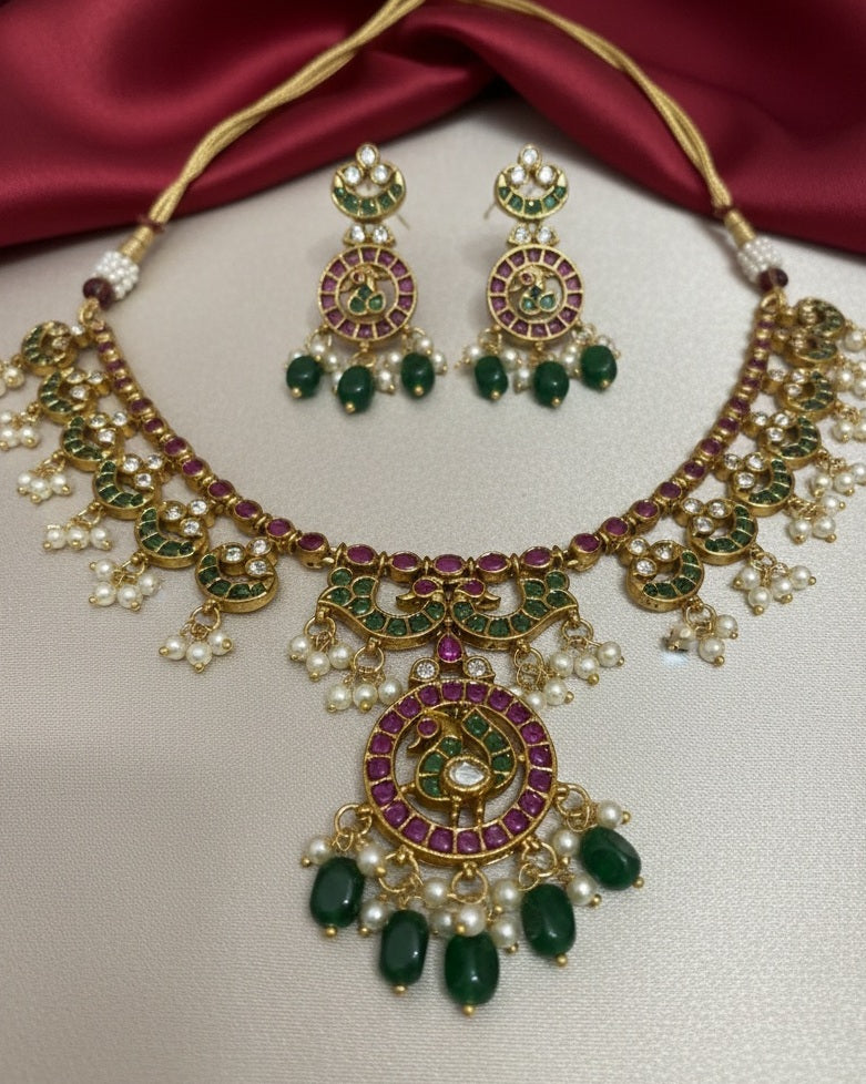 Traditional South Indian Kemp Stone Peacock Necklace Set with Gold Polish and Pearl Finish