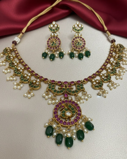 Traditional South Indian Kemp Stone Peacock Necklace Set with Gold Polish and Pearl Finish