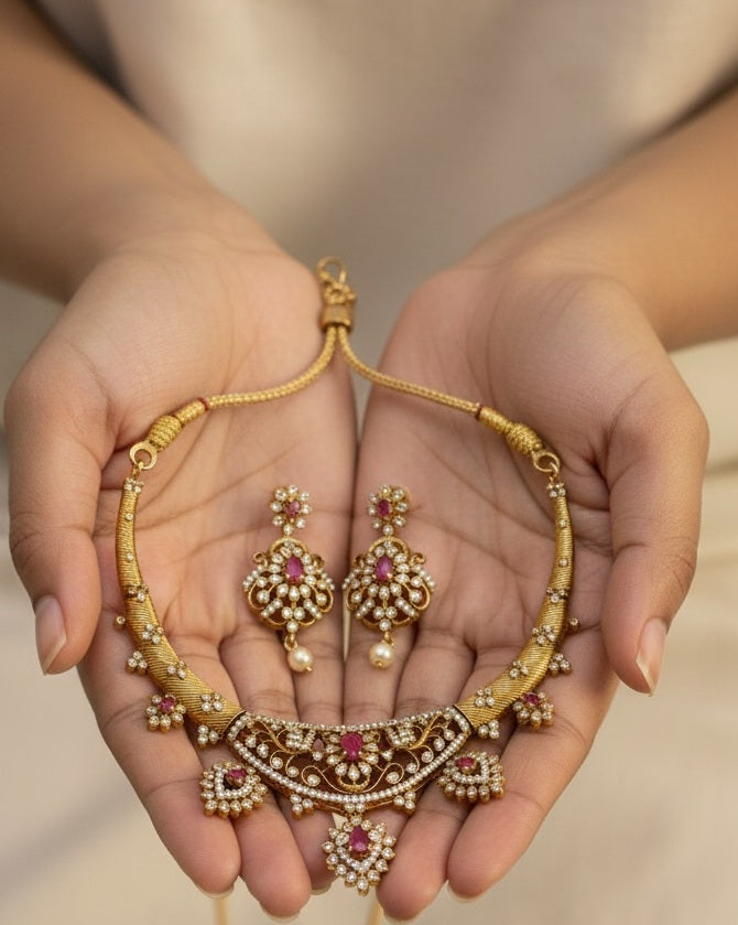Gold-Plated Antique Filigree Choker Set with Ruby Pink Stones & Crystal Accents
