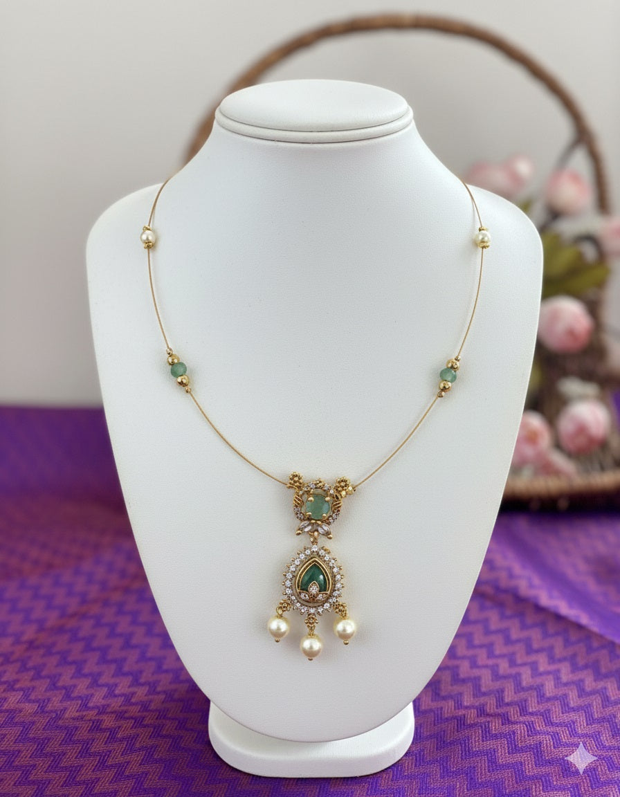 Mint Green Two-Tiered Floating Necklace – Invisible Gold Wire Choker with Pearl Dangles