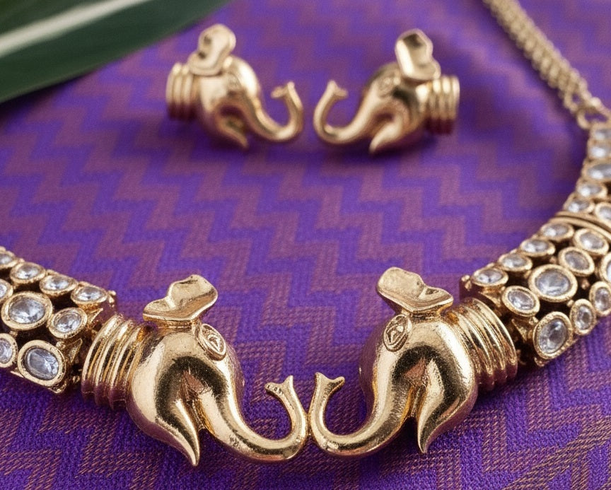 Antique Gold-Plated Elephant Motif Necklace & Earrings Set with Kundan Inlay