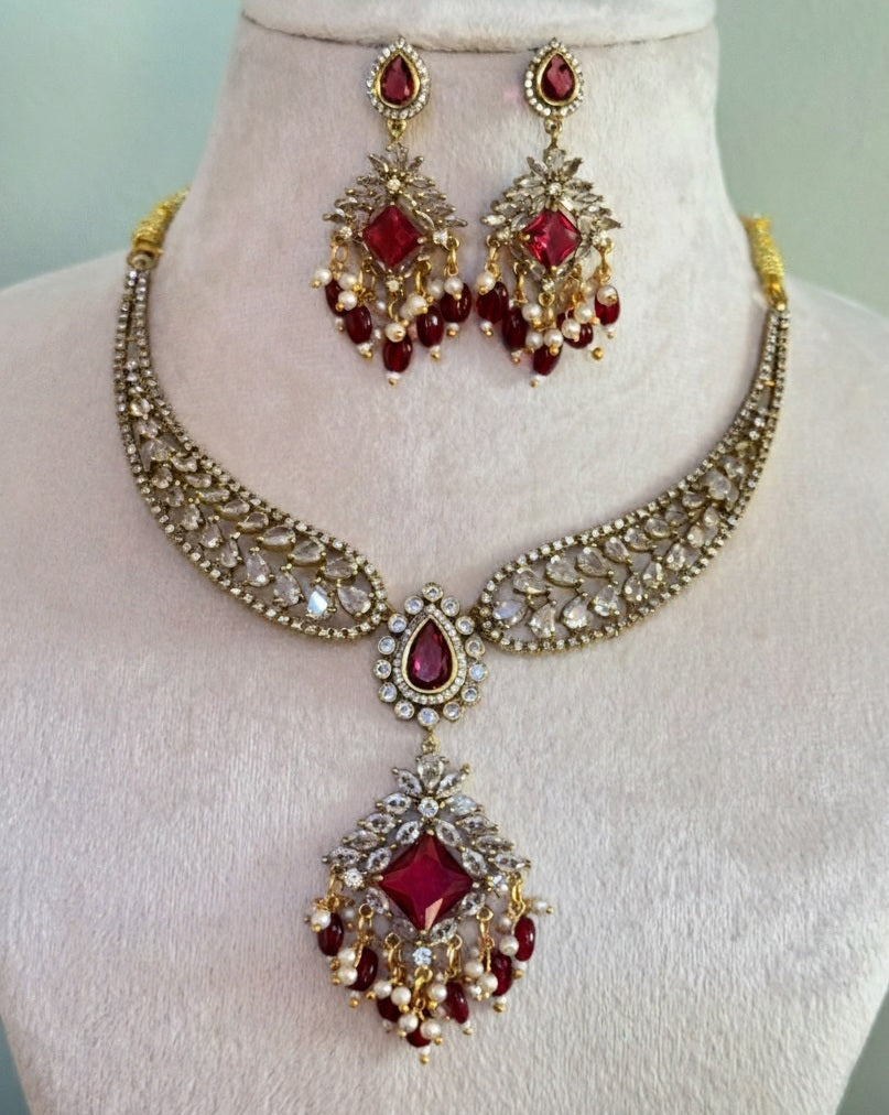 Royal Gold-Plated Statement Choker with Ruby Red Pendant and Pearl Accents