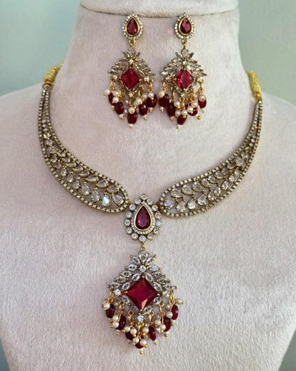 Royal Gold-Plated Statement Choker with Ruby Red Pendant and Pearl Accents