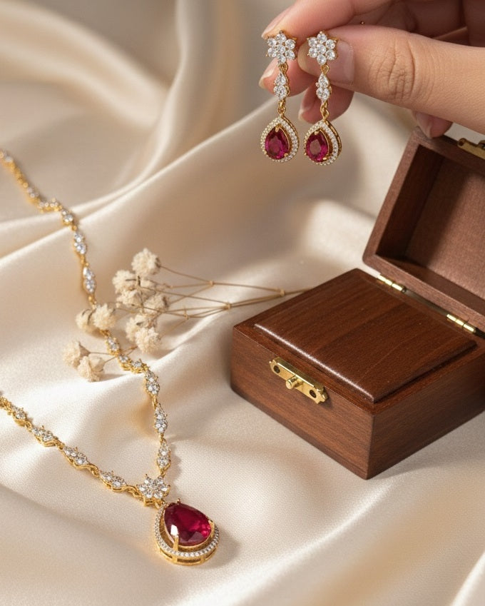 Gold-Plated Minimalist V-Necklace Set with Ruby Red Teardrop Pendant