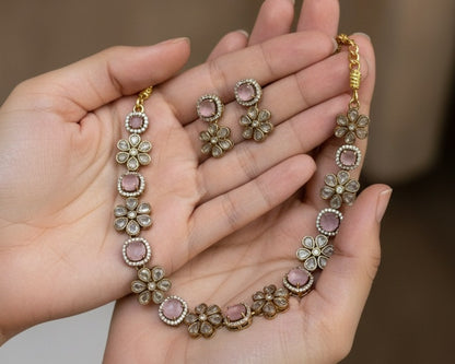 Blush Pink Rose Quartz Style Floral Necklace & Earring Set with Polki Accents