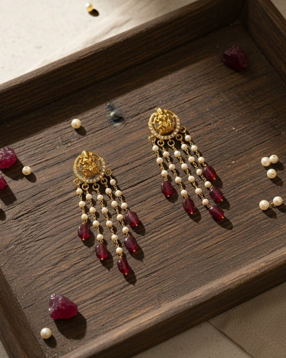 Gold-Plated Lakshmi Temple Drop Earrings with Tiered Pearls and Beads