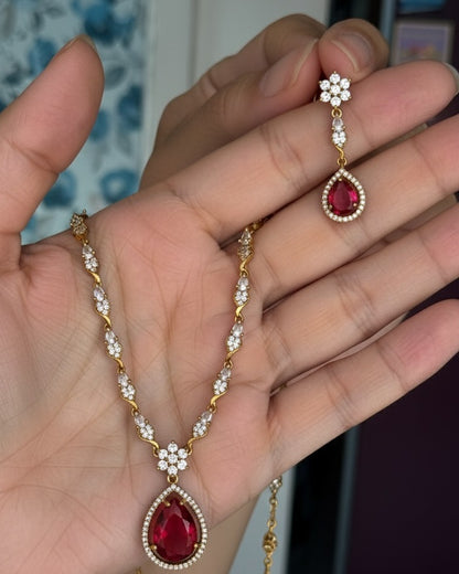 Gold-Plated Minimalist V-Necklace Set with Ruby Red Teardrop Pendant