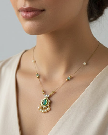 Mint Green Teardrop & Pearl Drop Invisible Necklace – Gold-Toned Floating Chain