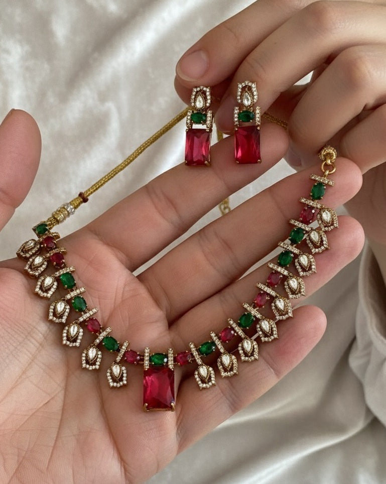 Royal Antique Gold Choker Set with Emerald-Cut Ruby Pink & Kundan Accents