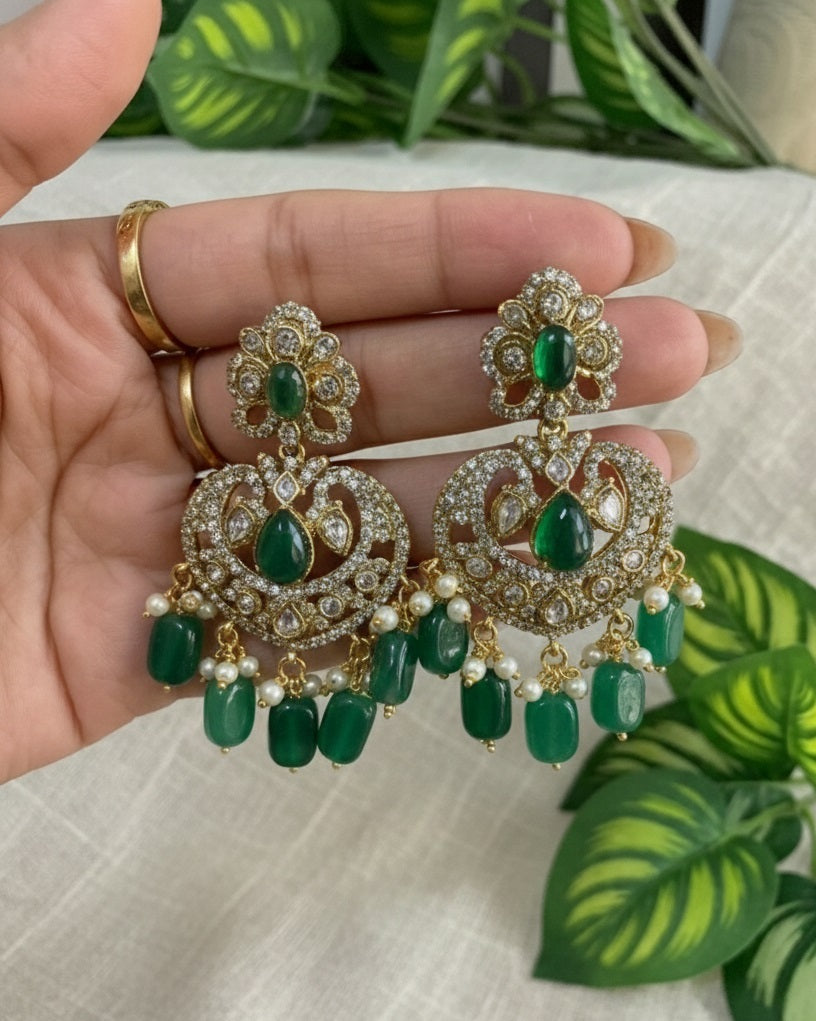 Victorian Emerald Green Chandbali Earrings with Polki & Pearl Accents