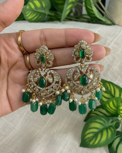 Victorian Emerald Green Chandbali Earrings with Polki & Pearl Accents