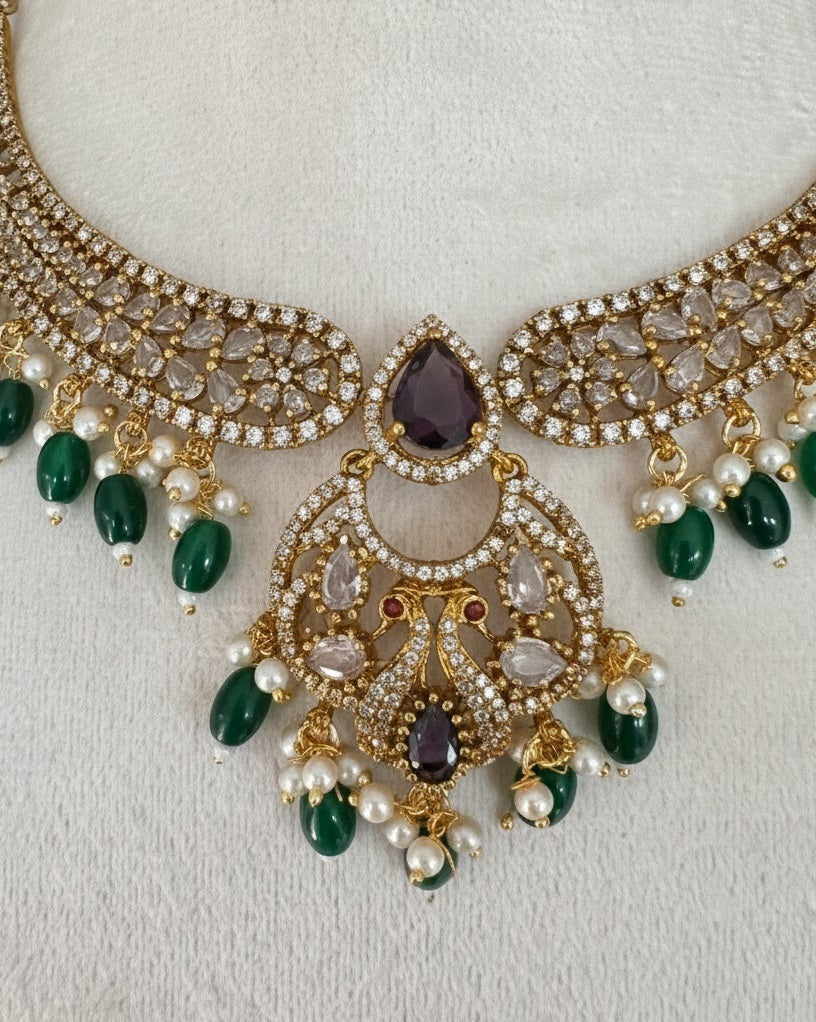 Royal Gold-Plated Kundan Choker Set with Amethyst Purple Accents & Emerald Green Beads