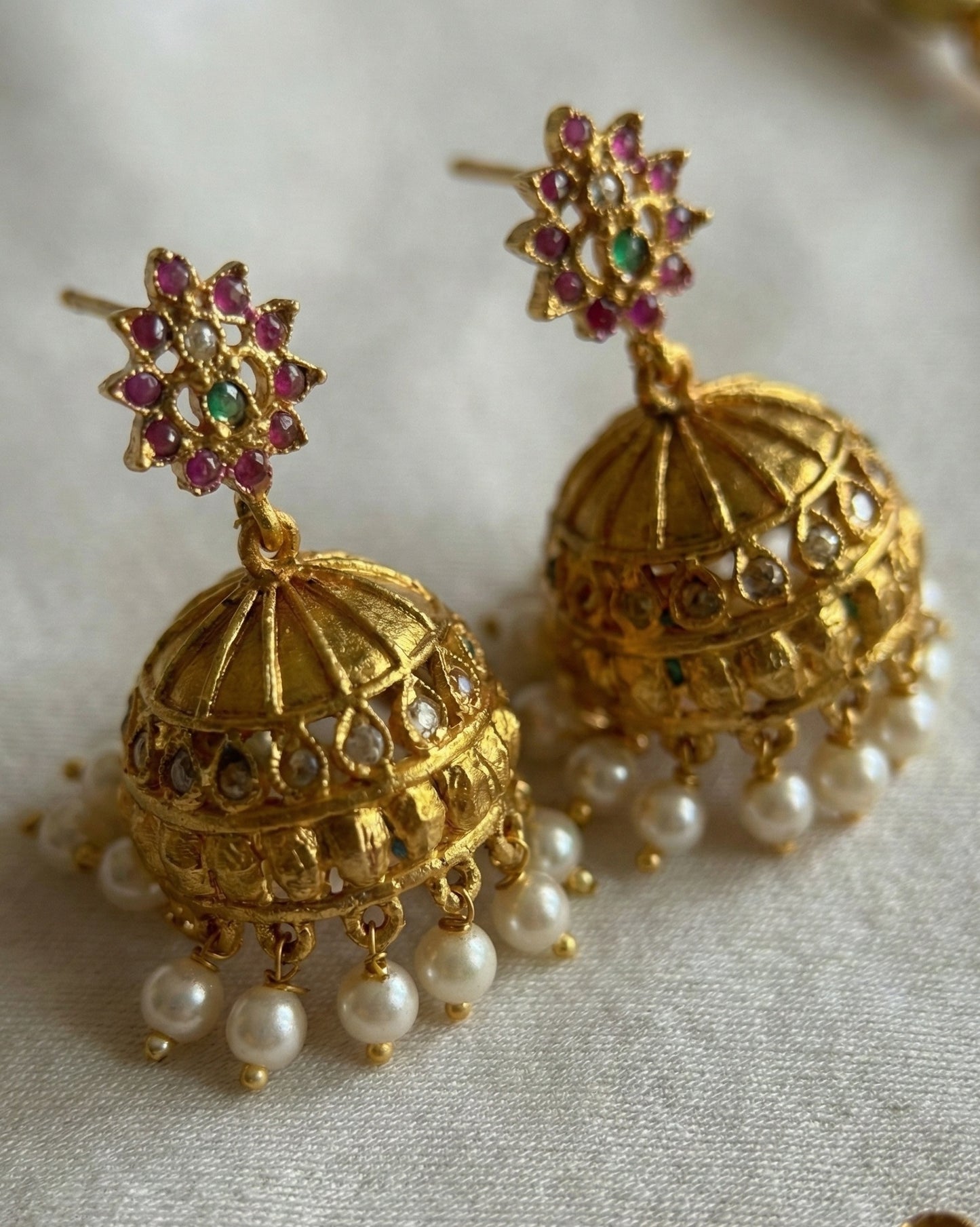 Antique Matte Gold Floral Necklace Set with Ruby & Green Kemp Stones and Pearl Drop Jhumkas | Traditional Temple Jewellery
