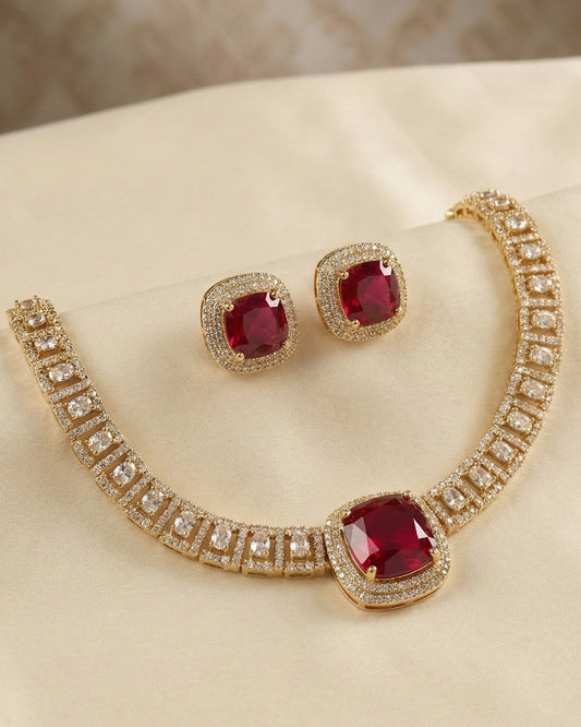 Royal Ruby Red American Diamond (AD) Choker Necklace Set with Matching Stud Earrings – Gold Plated