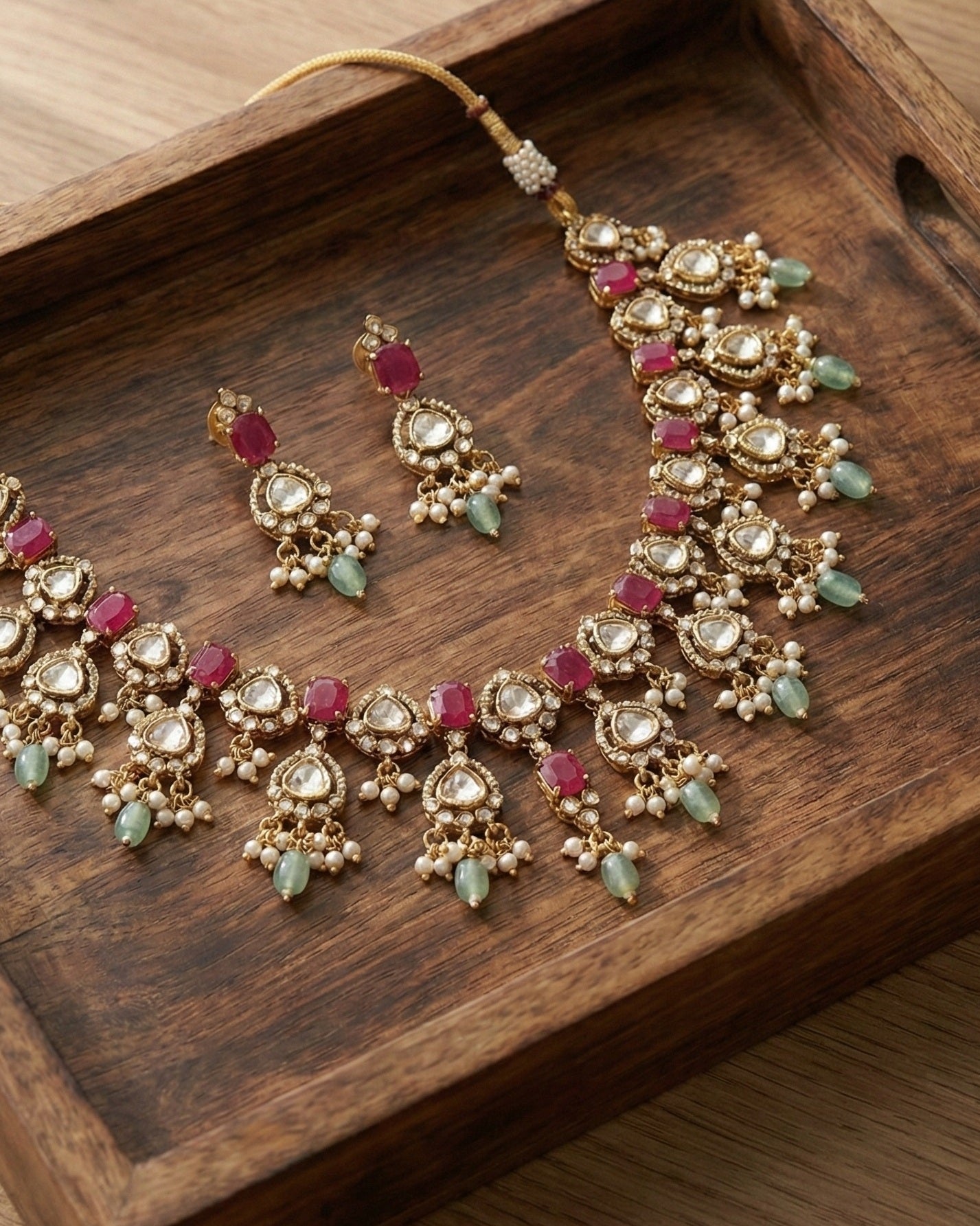 Ruby Red Monalisa & Polki Kundan Necklace Set with Mint Drops | Antique Gold Finish