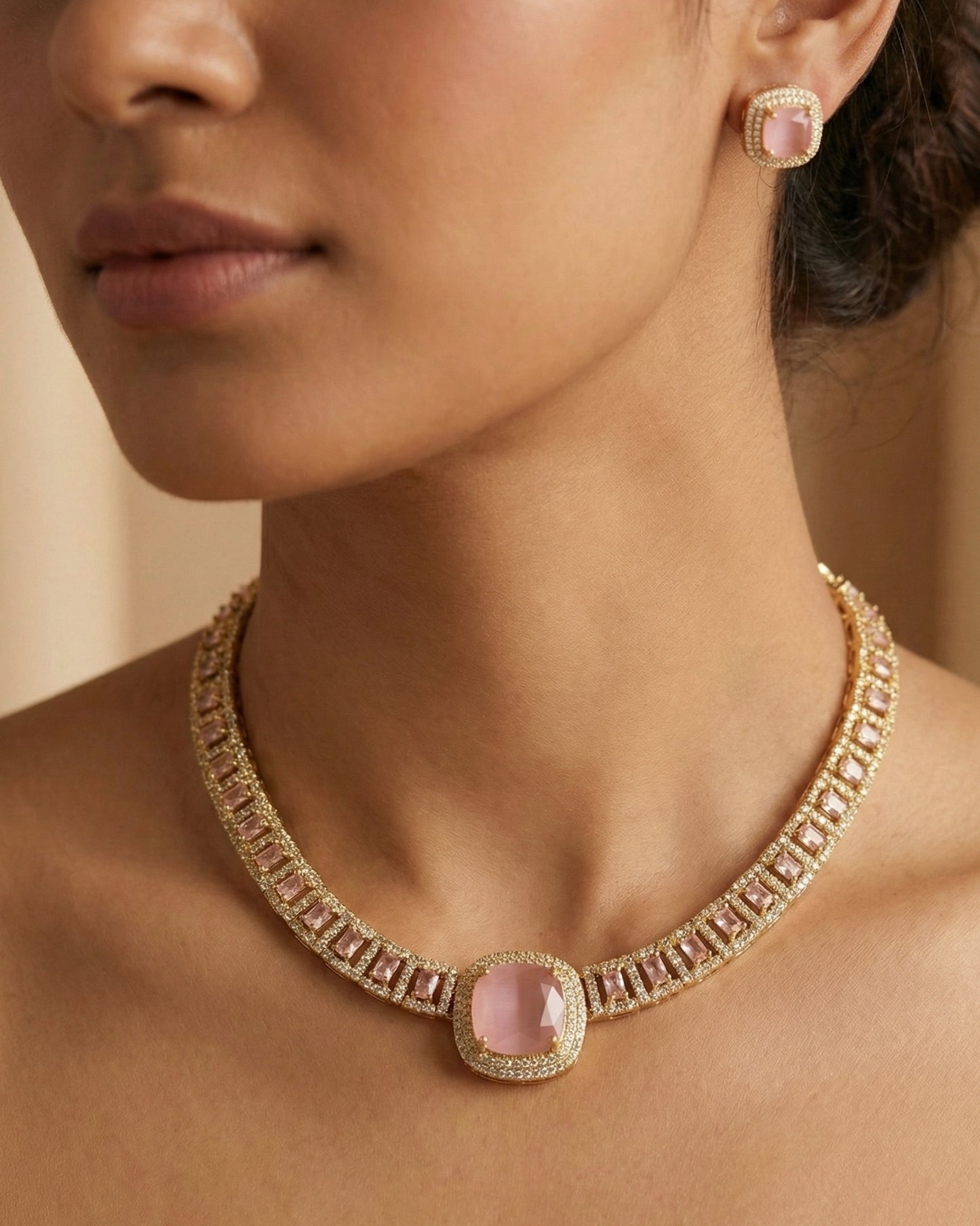 Rose Pink American Diamond (AD) Choker Necklace Set with Halo Studs | Contemporary Gold-Plated Jewellery