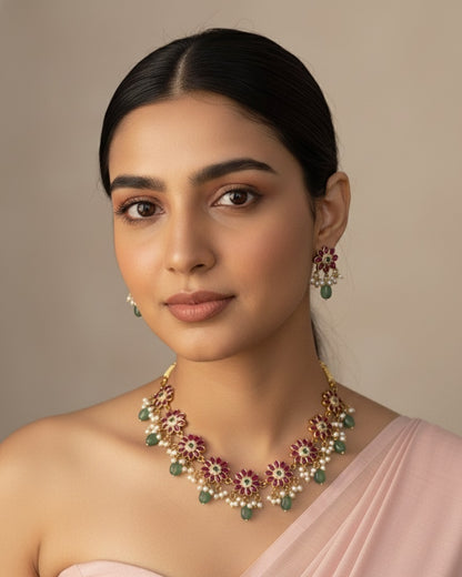 Gold-Plated Floral jadau Kundan Necklace Set with Ruby Pink Petals & Mint Green Beads