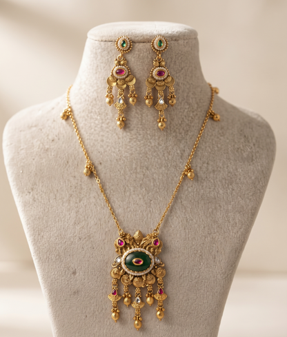 Regal Heritage Gold-Tone Gemstone Pendant Necklace and Matching Earrings Set