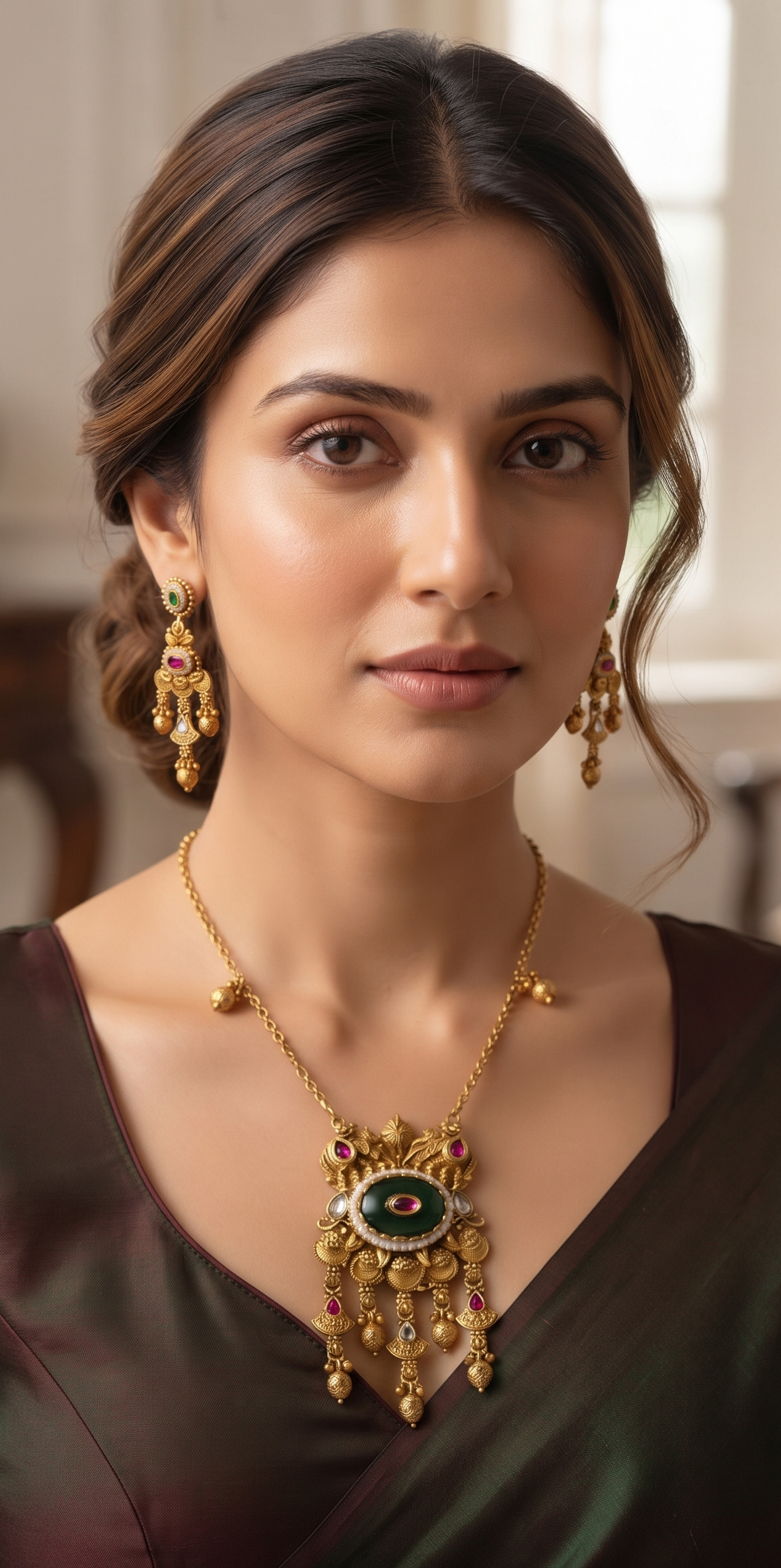 Regal Heritage Gold-Tone Gemstone Pendant Necklace and Matching Earrings Set