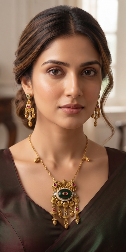 Regal Heritage Gold-Tone Gemstone Pendant Necklace and Matching Earrings Set