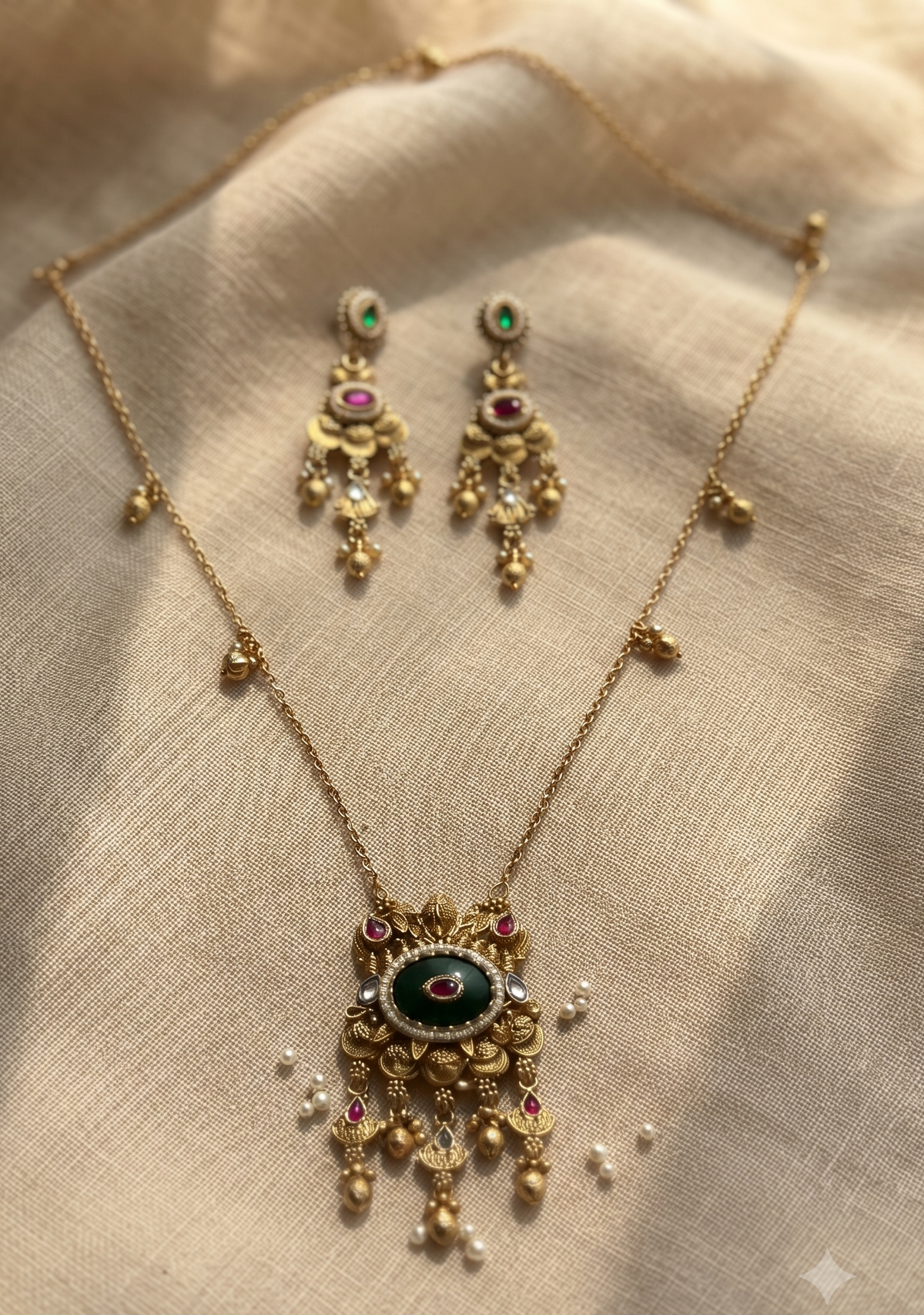Regal Heritage Gold-Tone Gemstone Pendant Necklace and Matching Earrings Set