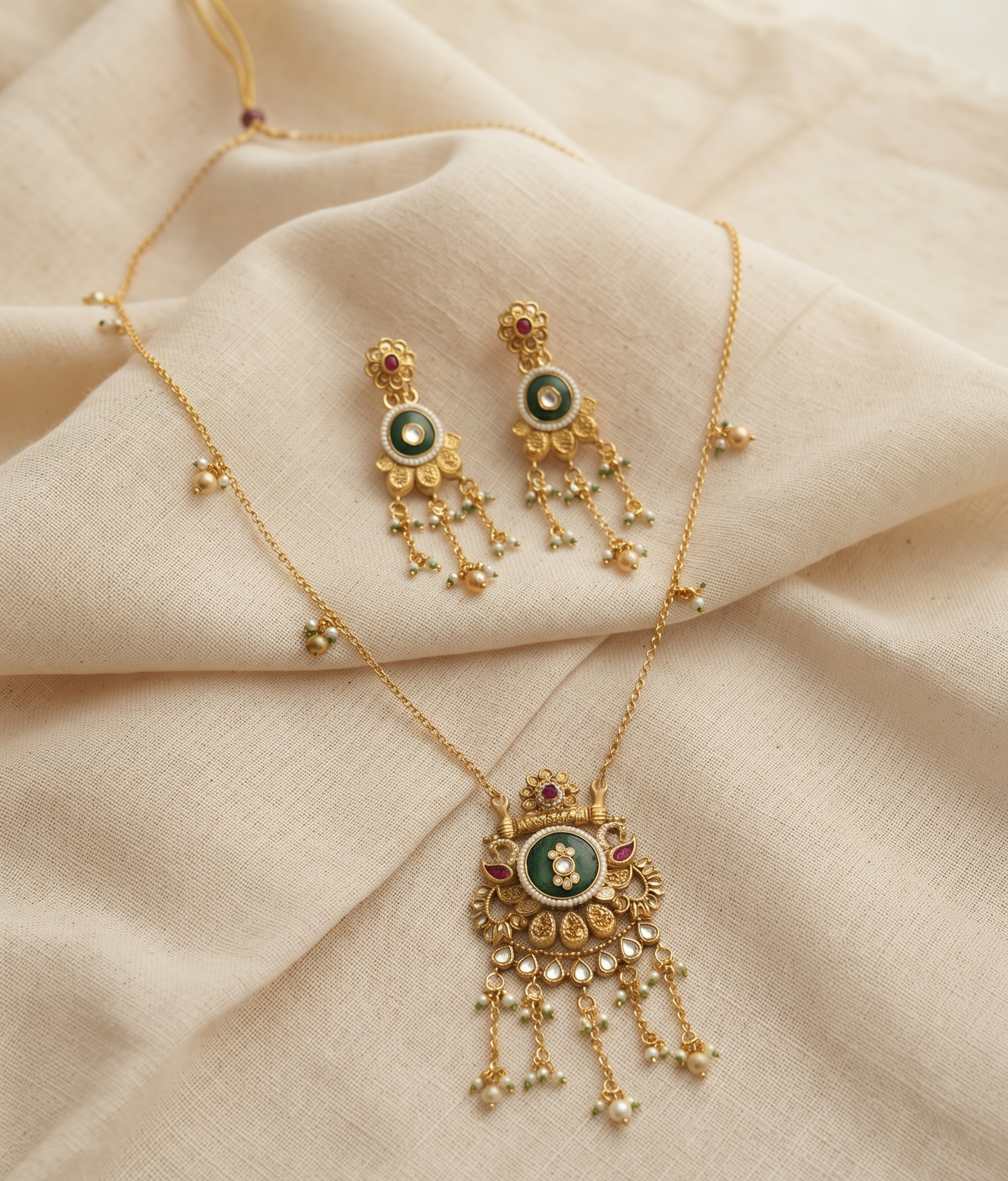 Royal Emerald & Ruby Accented Antique Gold Heritage Necklace Set with Matching Earrings