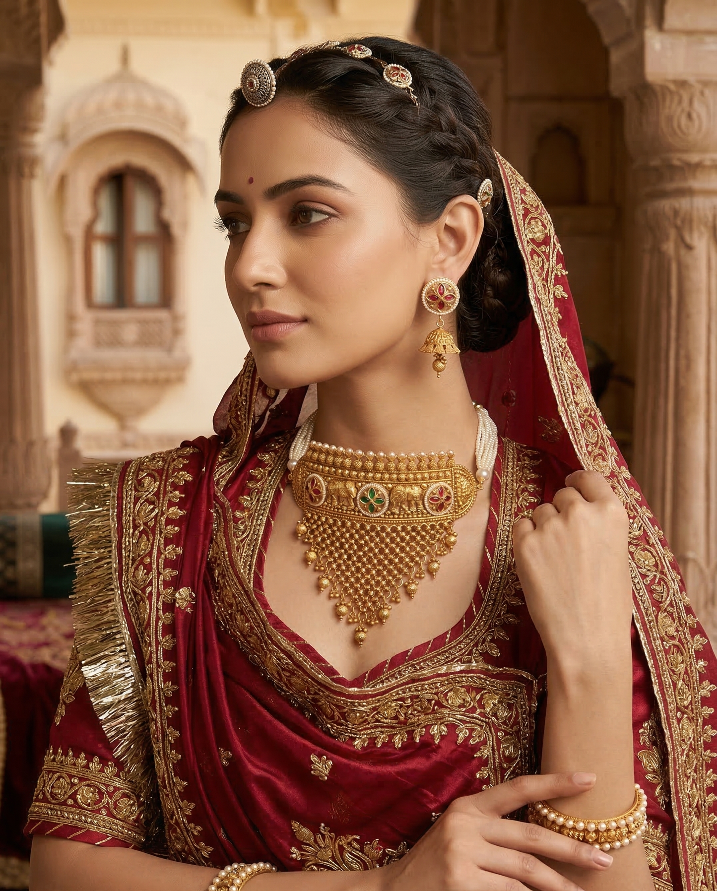 Antique Gold-Plated Elephant Motif Choker Necklace Set with Pearl Strands & Jhumkas