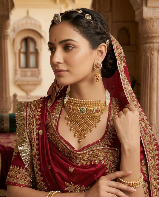 Antique Gold-Plated Elephant Motif Choker Necklace Set with Pearl Strands & Jhumkas