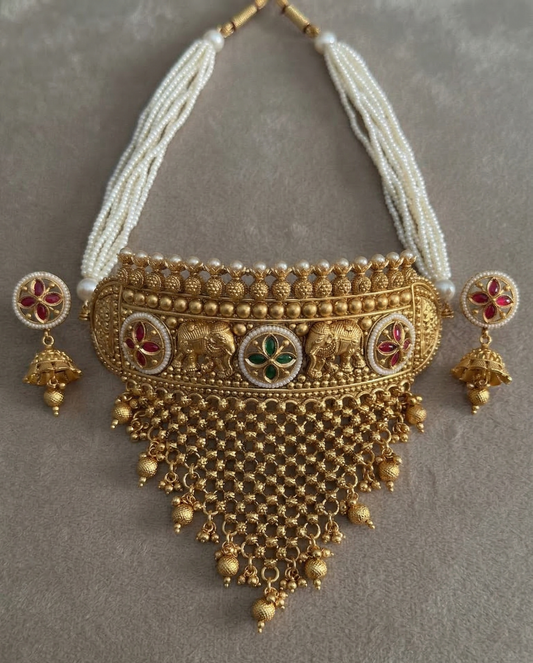 Antique Gold-Plated Elephant Motif Choker Necklace Set with Pearl Strands & Jhumkas