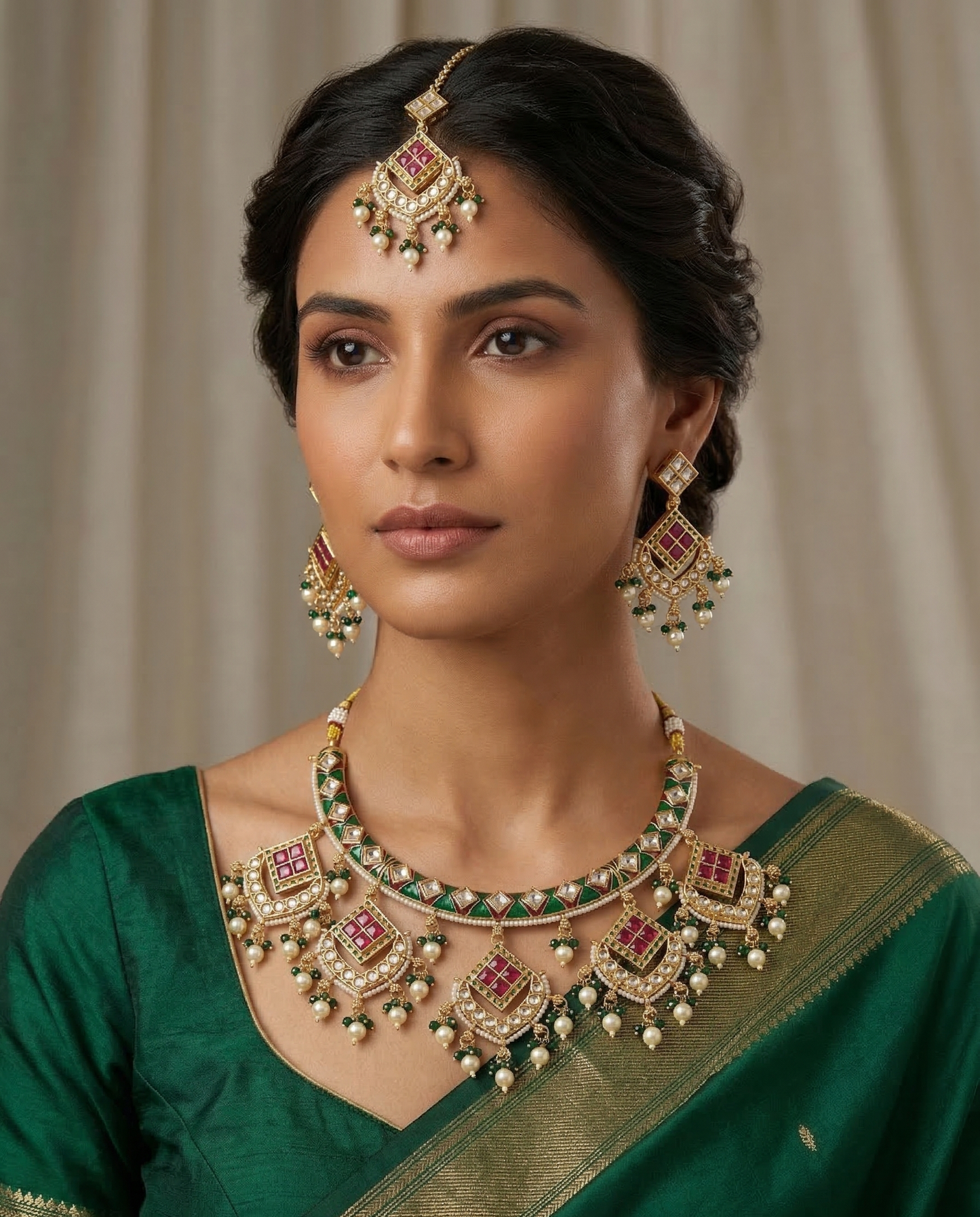 Heritage Gold-Plated Meenakari Hasli Necklace Set with Maang Tikka | Ruby & Emerald Green Accents