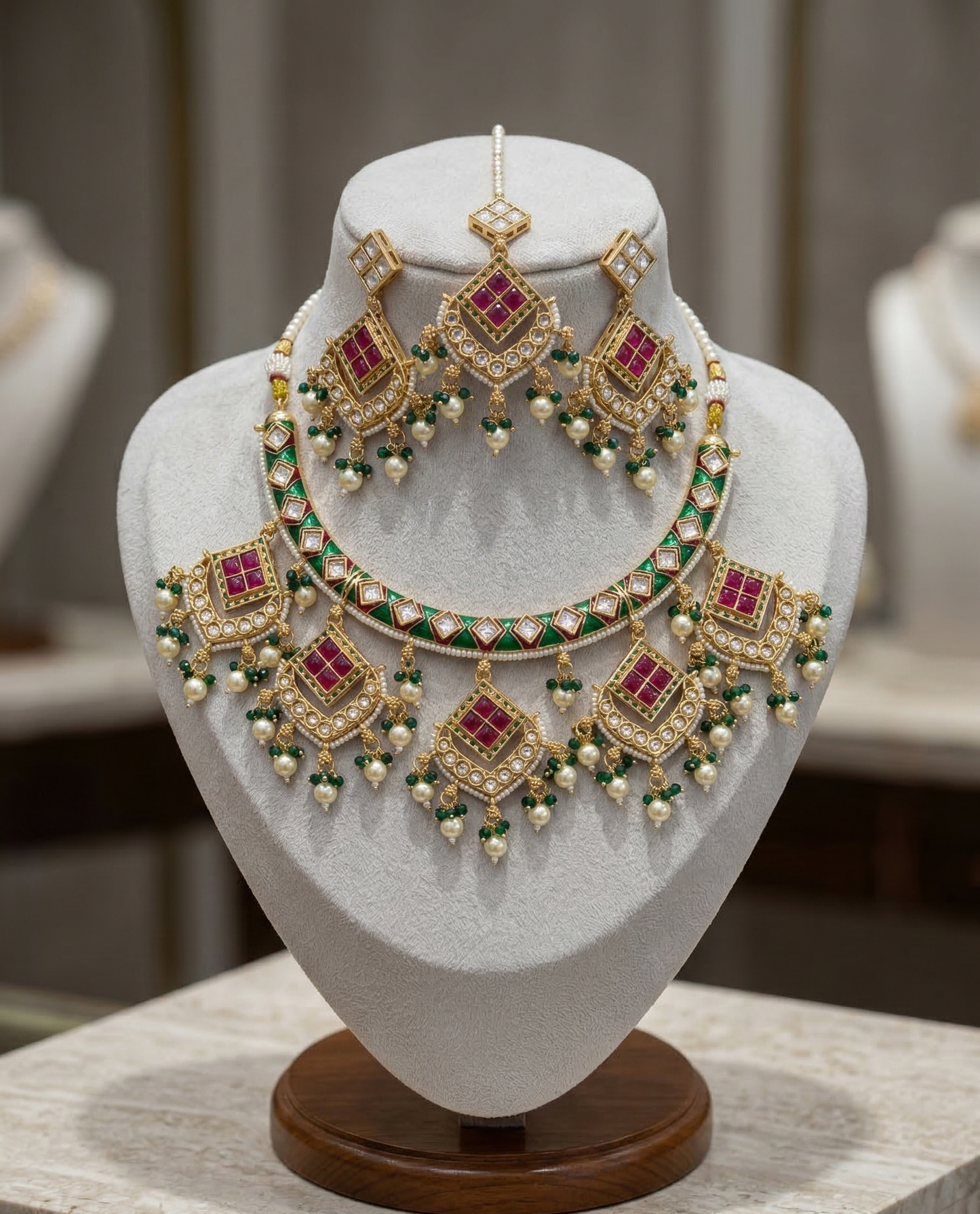 Heritage Gold-Plated Meenakari Hasli Necklace Set with Maang Tikka | Ruby & Emerald Green Accents